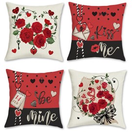 Bonhause Valentine's Day Cushion Covers 45 x 45 cm Red Rose Love Heart Decorative Throw Pillow Covers for Sofa Couch Bed Home Outdoor Valentine's Day Decor Set of 4
