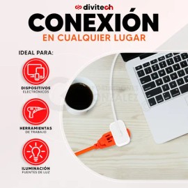 Extensión Eléctrica Uso Rudo Multicontacto 7 M. Cable De Cobre Cal.16 Awg. Divitech Color Naranja 3 Tomas De Corriente