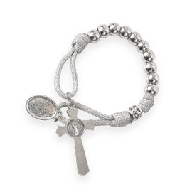Nazareth Store Strong Military One Decade Paracord Rosary Silver Beads Pocket Car Rosary Pray For Us St. Joseph Medal & St. Benedict Cross (Grey Paracord Rosary)