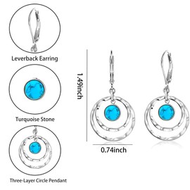 Gold Turquoise Earrings For Women Sterling Silver Circle Leverback Bohemia Drop Dangle Jewelry Hypoallergenic Summer Gifts (Silver)