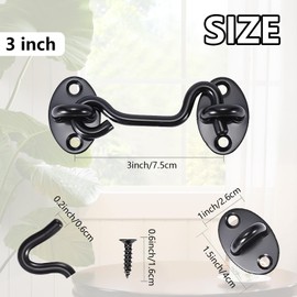 3 Inch Hook and Eye Latch, 1Pcs 75mm Black Gate Hook Stainless Steel Cabin Hook, Hook Eye Latch Door Lock Hook Lock, Latch Apply to Wooden Gates, Window Brace Gate Door Catch (Black, 75mm)