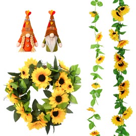 2 Pcs Artificial Sunflowers(8 ft), Autumn Wreath, DIY Artificial Flower Garland with 2 Pcs Thanksgiving Gnome, Autumn Door Wreath, Fake Sunflowers for Fall Harvest Festival Holiday Decoration