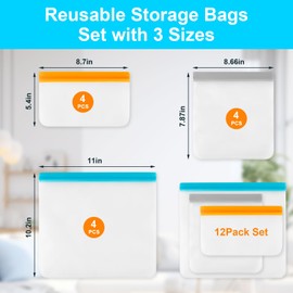 12 Pack Reusable Freezer Bags Dishwasher Safe, Leakproof Food Storage Bags, Silicone Bags for Food Storage Home Organization (4 Reusable Snack Bags 4 Sandwich Bags 4 Gallon Freezer Bags)