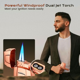 All-in-One Torch Lighter with Windproof Dual Jet Flame, Built-in Punch, Holder, Exquisite Accessories Gift, Rose Gold Butane Lighters for Candles, Trip, Outdoors (Butane not Included)
