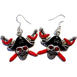 Large Antique Silver & Enamel Pirate Skull on Crossed Swords Earrings with Rhinestone Eyes on Hallmarked Sterling Silver Hooks