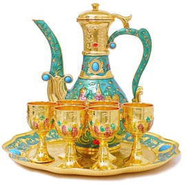 Vintage Turkish Coffee Pot Tea Pot Set,Crafts Teapot and Cup Set Including Tray and 6 Metal Cups,Tea Service Set for Tea Table Decor,Wedding Ornament (Green and Gold)
