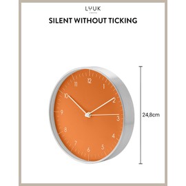 LUUK LIFESTYLE Silent quartz wall clock, modern and minimalist design, without ticking, 10” kitchen clock, for living room, bedroom, housewarming gift, orange and silver
