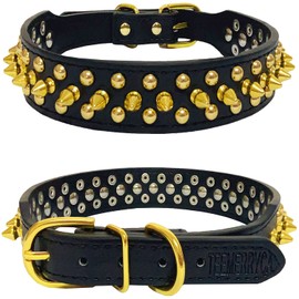 TEEMERRYCA Black Leather Dog Collar with Gold Spikes for Small Medium Large Pets,Pit Bulls/Bulldog, Keep Dog Safe from Grabbing by Huge Dogs,S(10.8"-13.2")