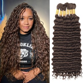 Human Braiding Hair for Boho Braids Human Hair 150g 14 Inch Deep Wave Brown Boho Braids Human Hair No Weft Boho Human Braiding Hair Curly 6 Bundles/Pack 4#