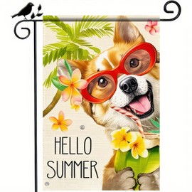 BlissYard Hello Summer Garden Flag Corgi Dog 12×18 Inch Double Side Sunglasses Tropical Flowers Spring Summer Farmhouse Welcome Yard Flag Seasonal Outdoor Decor Decoration