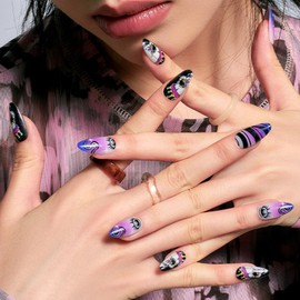 GLAMERMAID Short Almond Press on Nails, Ombre Pink French Tip Fake Nail Medium Oval Purple Gothic Emo False Nail Kit with Skull Design, Gel Stiletto Acrylic Stick Glue on Nails Set Kit for Women Gift