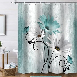 Onalasyc 4PCS Teal Daisy Country Farmhouse Shower Curtain Set with Shower Curtain and Carpet and Accessories, Waterproof Bathroom Shower Curtain Decorative Set with 12 pcs Hooks,71 x 71in