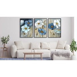 ASDCEUTICALS Large Framed Wall Art - Boho Flowers Wall Decor, Retro Floral Pictures, Blue White Botanical Canvas Prints for Bedroom Living Room Bathroom Kitchen Office Artwork 16" X 24" X 3 Pcs