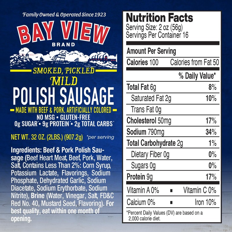 Bay View Smoked Pickled Polish Sausage, No MSG, Gluten Free,