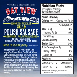 Bay View Smoked Pickled Polish Sausage, No MSG, Gluten Free, No Soy, 0g Sugar, 8g Protein, Hardwood Smoked, Mouthwatering Pickled Snack (32oz, Mild)