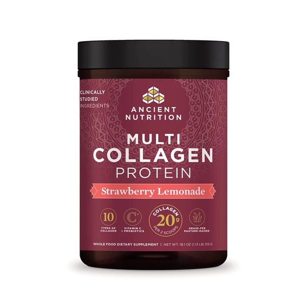Ancient Nutrition Collagen Powder Protein, Multi Collagen Protein Powder, Strawberry Lemonade, 45 Servings, Vitamin C, Hydrolyzed Collagen Peptides for Skin, Nails, Gut Health and Joints, 18.1oz