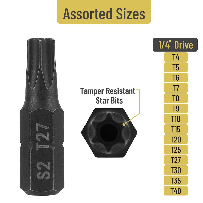 Bates Torx Bit Set, 15 Pieces T4-T40, Tamper Proof Security