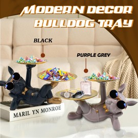 Huhote Resin French Bulldog Tray Statue, Lying Bulldog Candy Dish Key Holder Bowl, French Bulldog Accessories, Statues for Office Desk Home Decor Figurines Entryway Table Decor (Purple Grey)
