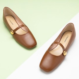 C.Paravano Mary Jane Women's Flats | Shoes Women | Women's Ballet Flats | Women's Elegant Square Flax, Brown D