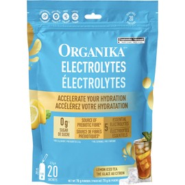 Organika Electrolytes Powder - Sabor Té Helado de Limón, Hidratación Sin Azúcar, 20 Sachets (3.5g Cada Uno) - Reposición de Electrolitos con Prebióticos y 100% de Vitamina C