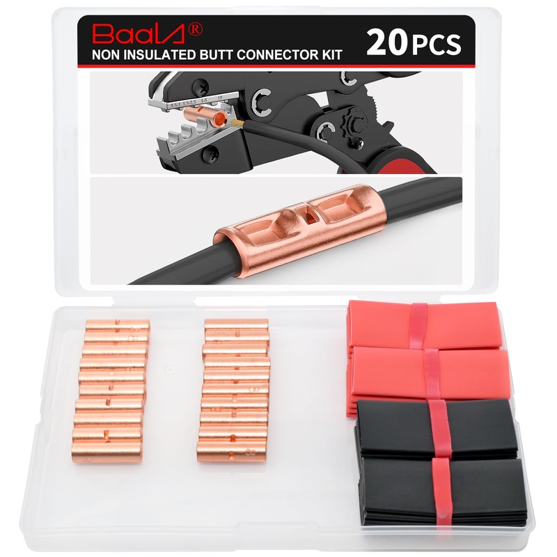 BAALA 20 PCS 8 Gauge Non-Insulated Butt Connectors Kit Bare