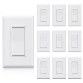 ELEGRP Single Pole Decors Light Switch with Screwless Plate, 15A 120-277V, Paddle Rocker Switch Replacement, On/Off Wall Switch, Self-Grounding, Residential Grade, UL/CUL (10 Pack, Glossy White)