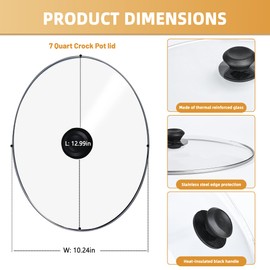 Oval Glass Lid 7 Quart Crock Pot lid Replacement for Hamilton & Rival Beach Slow Cooker Lid 7 QT 33474G, SCV700-SS, SCV700, SCV700-KC