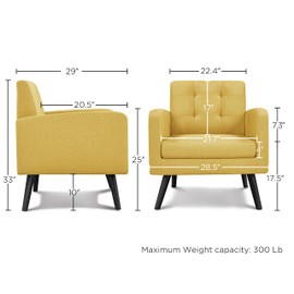 Yaheetech Yaheetech Mid-Century Accent Chairs, Modern Upholstered Living Room Chair, Cozy Armchair Button Tufted Back and Wood Legs for Bedroom/Office/Cafe, Yellow