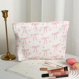 Bow Makeup Bag - Make Up Bag, Cute Toiletry Bag, Large Capacity Elegant Bow, Preppy Cosmetic Bag, Pink Make Up Bag, Heart Bow Corduroy Cosmetic Bag with Zipper, Cute Roomy Pink Portable Toiletry Bag