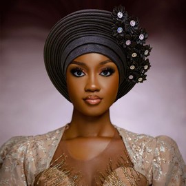 ASO OKE Exquisite African Turbans, Hats, and Nigerian Gele Headties Stylish African Head Wraps and Auto Gele Head Ties (Black, One size)