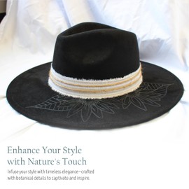 Wildflowers and Barley – Hand-Burned Sunflower Design Fedora Hat – Black Vegan Suede Wide Brim with Hand Torn Gauze and Twine Band, Adjustable Fit, Rancher Crown Boho Festival Style, Handmade – Black