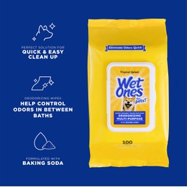 Wet Ones for Pets Deodorizing Multipurpose Dog Wipes with Baking Soda, Tropical Splash Scent - Desmellizing Wipes for Dogs with Wet Lock Seal, 100 Count