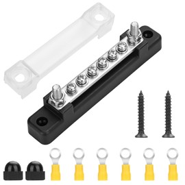 150A Common BusBar Power Terminal Blocks with 2 M6 Studs 6 M4 Screws Terminals, 12V- 48V DC Single-row Covered Power Ground Distribution Block with 6 Wire Lug for Car Boat Marine Caravan RV, Black
