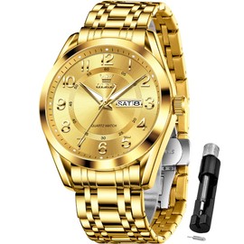 OLEVS Gold Watch for Man Luxury Dress Large Numer Analog Quartz Watch Waterproof Luminous Calendar Easy to Read Watches for Father