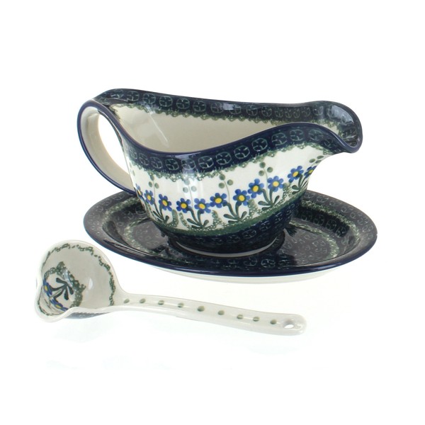 Blue Rose Polish Pottery Blue Posy Gravy Boat & Ladle