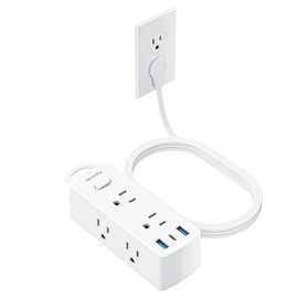 Power Strip Surge Protector, Olcorife Ultra Thin Flat Plug Extension Cord 5ft, 6 Outlets 3 USB Ports(1 USB C), 3 Sided Outlet Extender for Home Office Travel Dorm Room Essentials, White