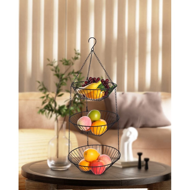JUNCHU CHERRY 3-Tier Wire Fruit Hanging Basket, non-Punching Wall Hanging