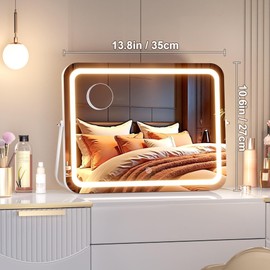 MINISO Vanity Mirror with Lights, 14" x 11" LED Makeup Mirror, Light & Brightness Adjustment, Smart Sensor, 360°Rotation, Aluminum Alloy Metal White Frame, with 5X Magnifying Glass