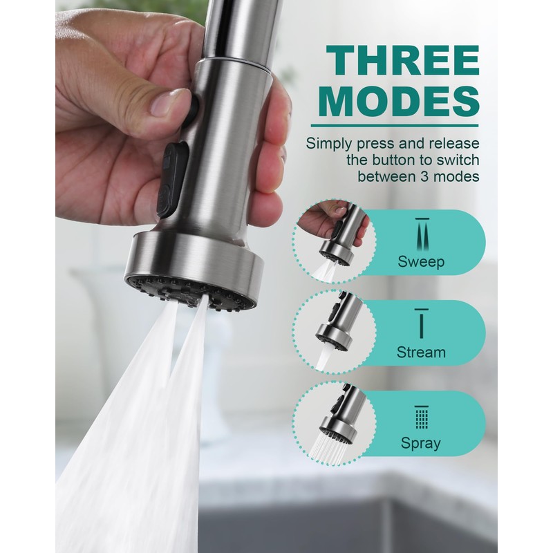 Pull Down Faucet Head Replacement: 3-Function Kitchen Faucet Sprayer Head