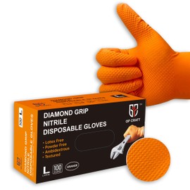 GP CRAFT GP-68 Orange Nitrile Gloves - 8 Mil Heavy Duty - Latex-Free, Powder-Free, Disposable w Diamond Grip (100 Count, L)