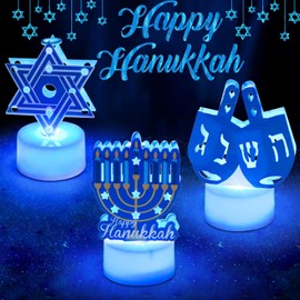6 PCS Hanukkah Tea Lights Candles Battery Operated LED Flameless Tealight Candles, Blue Star of David Menorah Dreidel Hanukkah Decorations Centerpieces for Home Kitchen Party Decor