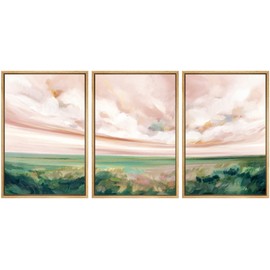 SIGNWIN Framed Canvas Print Wall Art Set Pastel Watercolor Pink Cloud Sky Green Countryside Hill Nature Wilderness Illustrations Modern Art Decorative Scenic for Bedroom - 16"x24"x3 Natural
