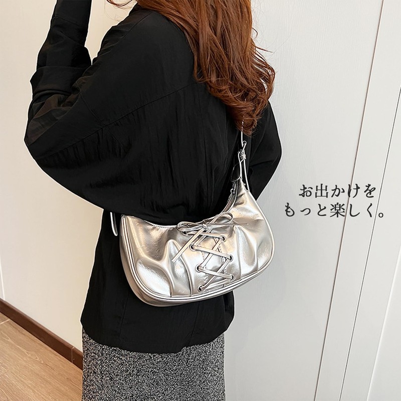 Lapimou Hobo Bag, Shoulder Bag, Long, Ribbon, Women's Handbag, Silver