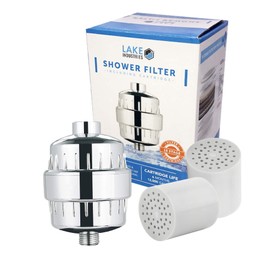 Lake Industries 15 Stage Universal Showered Filter | Hard Water Treatment, Removes Chlorine, Heavy Metals & Sediment, Vitamin C & Alkaline PH Balls | Includes 2 Replaceable Cartridges (2)