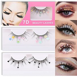 3 Pares de Pestañas Postizas, Estilos Festivales Dramáticas Pestañas de Lentejuela Brillo con Lindo Corazón/Flores Coloridas Pestañas para Decorativas Navidad Año Nuevo Halloweens Cosplay Party 1 Recuento (Paquete de 3) Negro