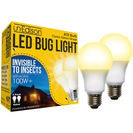 Un-Edison A19 LED Bug Light - Replaces 100W - Yellow Spectrum E26 Medium Outdoor Bulb for Porch Patio & Deck - Upgrade Your Old Painted Incandescent Bug Bulbs to Amber Glow 2-Pack