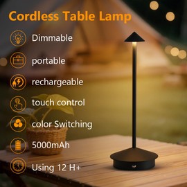 XIH Cordless Table Lamp Set of 2, 5000mAh Rechargeable Battery Powered LED Desk Lamp, Portable Touch Dimming Outdoor Table Lamps, 3 Color Light for Restaurant, Patio, Bedroom, Night Lamp (Black)