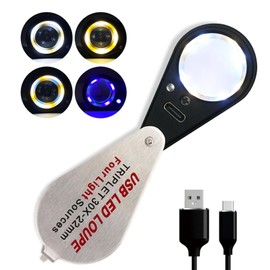 Rechargeable 30x Jewelers loupe with Light and Four Types of Light, 22mm Triplet Lens Pocket Foldable Eye Loop Magnifier Jewelry Coins Magnifying Glass for Gemstone, Diamond, Stamps, Watches, Plants