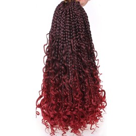 Samtress Boho Box Braids 18 Inch 8 Packs Ombre Burgundy Goddess Box Braids with Cruly Ends Pre Looped Messy Bohemian Box Braids Synthetic Braiding Hair Extensions for Women (#TBUG)
