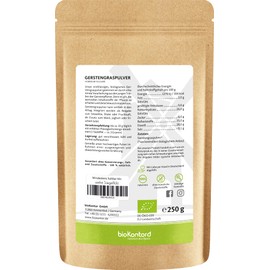Organic Barley Grass Powder 250 g Ground Barley Grass from Controlled Organic Cultivation Laboratory Tested 100% Natural without Additives Bottled in Germany BioKontor